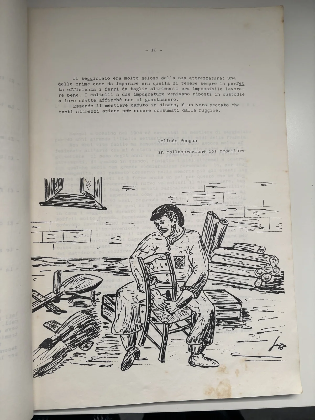 Historic drawing of a chair-weaver at work